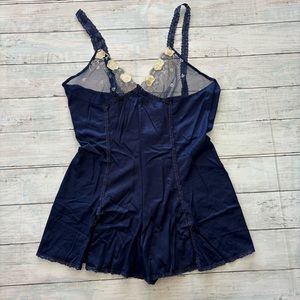 Vtg Navy Blue Teddy Size 34 S Mesh Lace Silky Romper Bodysuit Sheer Madness Cara